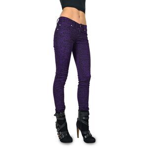 Tripp NYC Purple Leopard Print Skinny Jeans Goth Punk Skull Rivets Animal Print